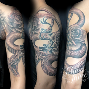 蛇|薔薇のファインライン・タトゥー